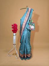 Dark aqua blue Tussar saree