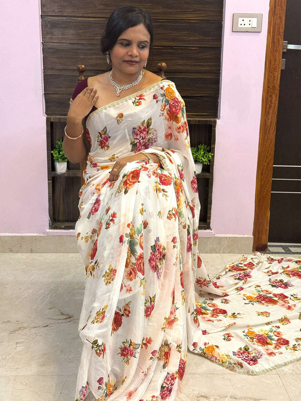 pure georgette white saree
