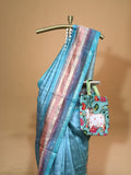 Dark aqua blue Tussar saree