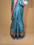Dark aqua blue Tussar saree