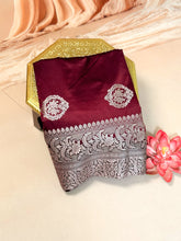 Pure Banarasi Satin Mashroo Saree with Silver Zari Butis