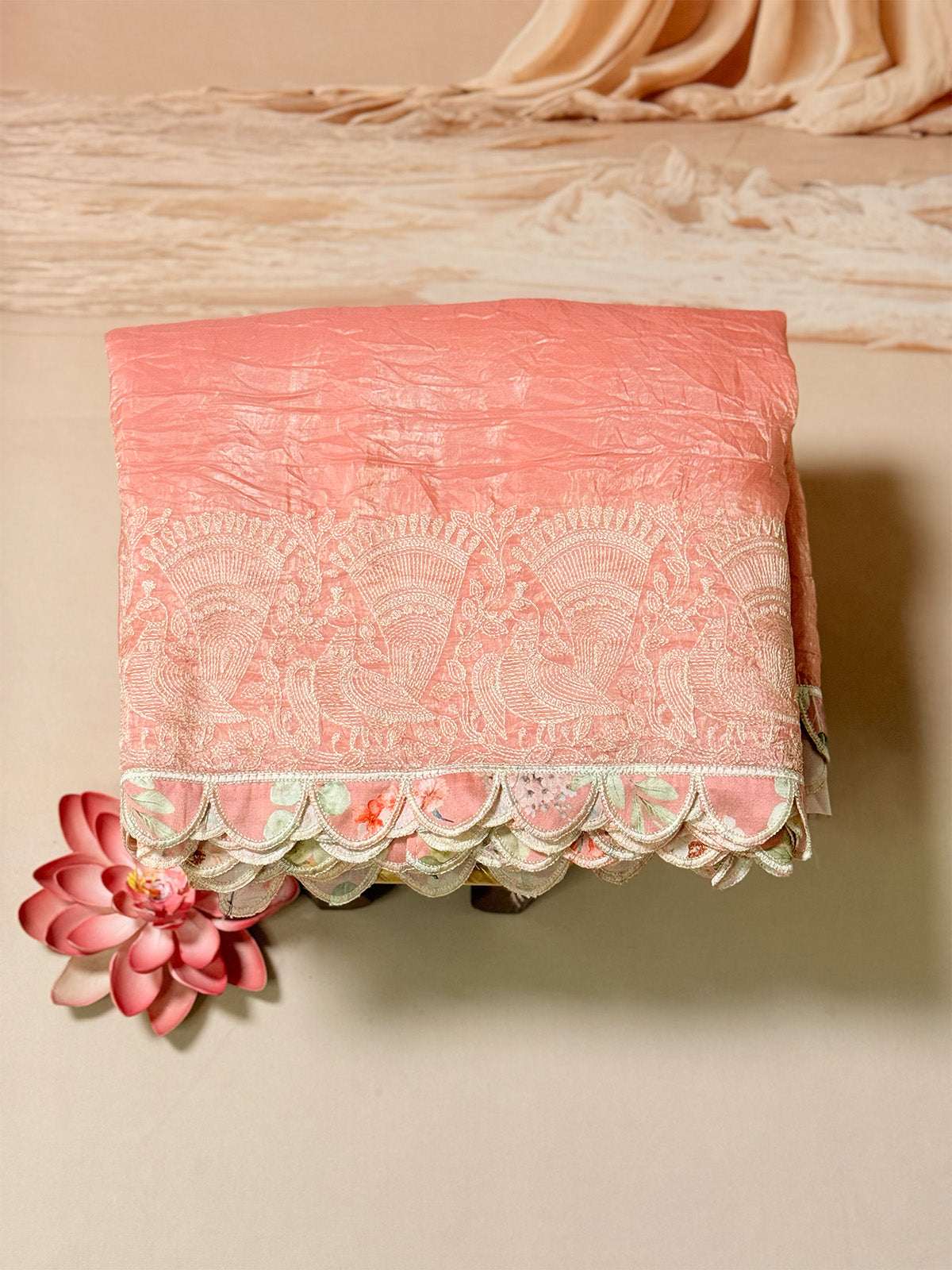 Tissue crush saree with scalloped border