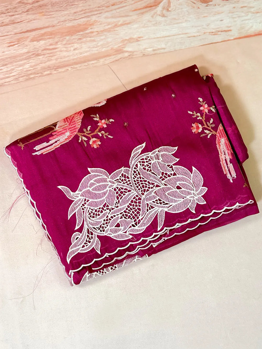 Glass Tissue With Cutwork and Petitpoint Embriodery Saree