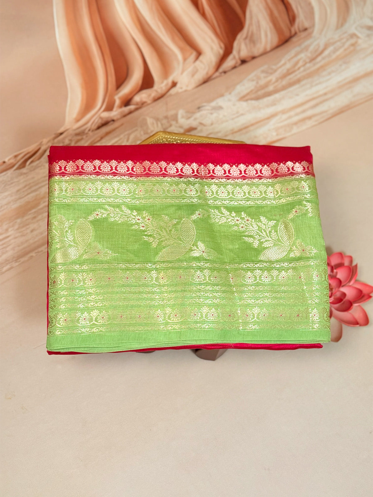 Pure Green Mango Saree with Golden Zari Butas