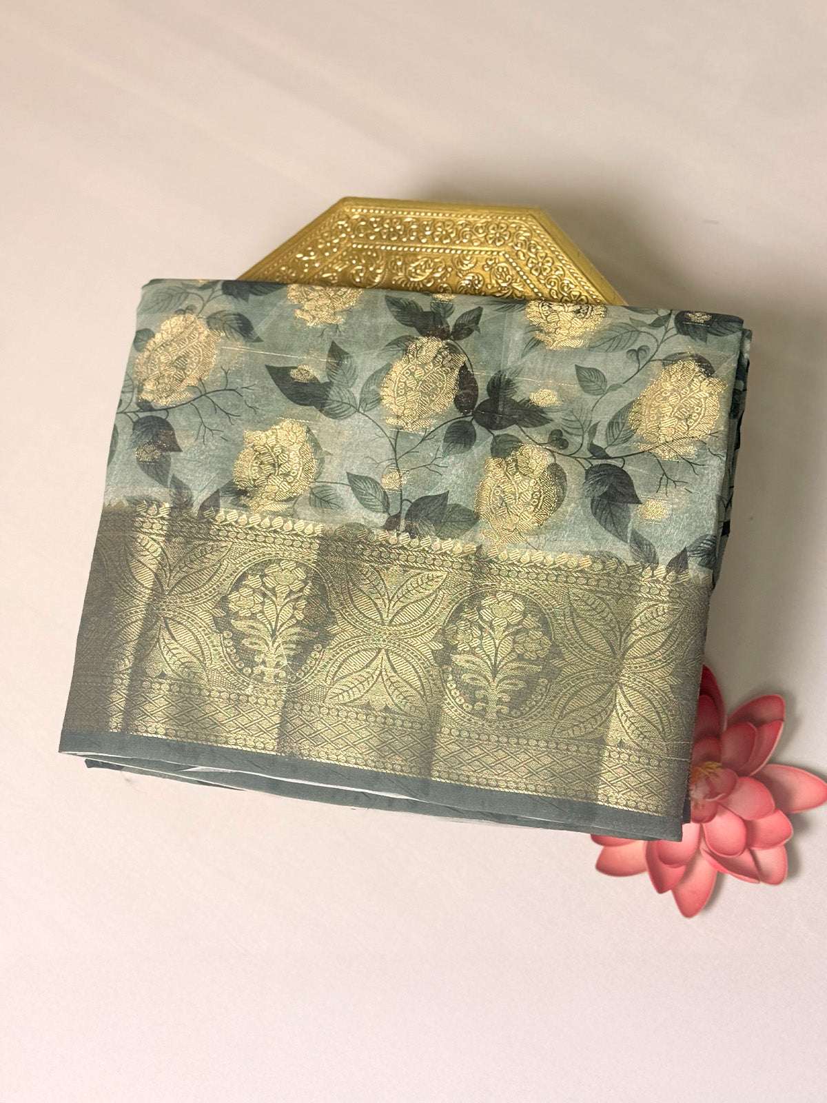 Russian silk saree with digital prints and Zari Buta