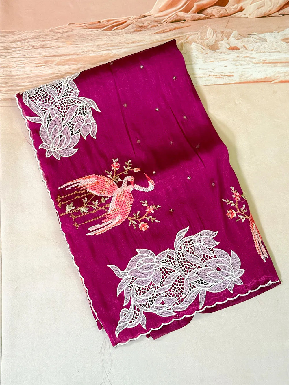 Glass Tissue With Cutwork and Petitpoint Embriodery Saree
