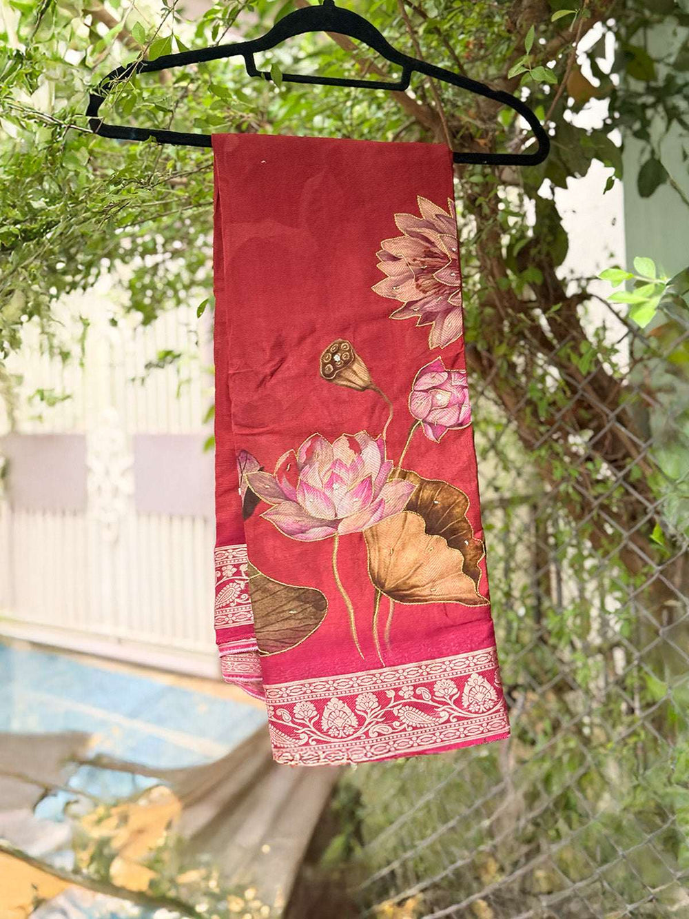 Banarasi Chinnon Silk Saree with Lotus Prints Thread Work