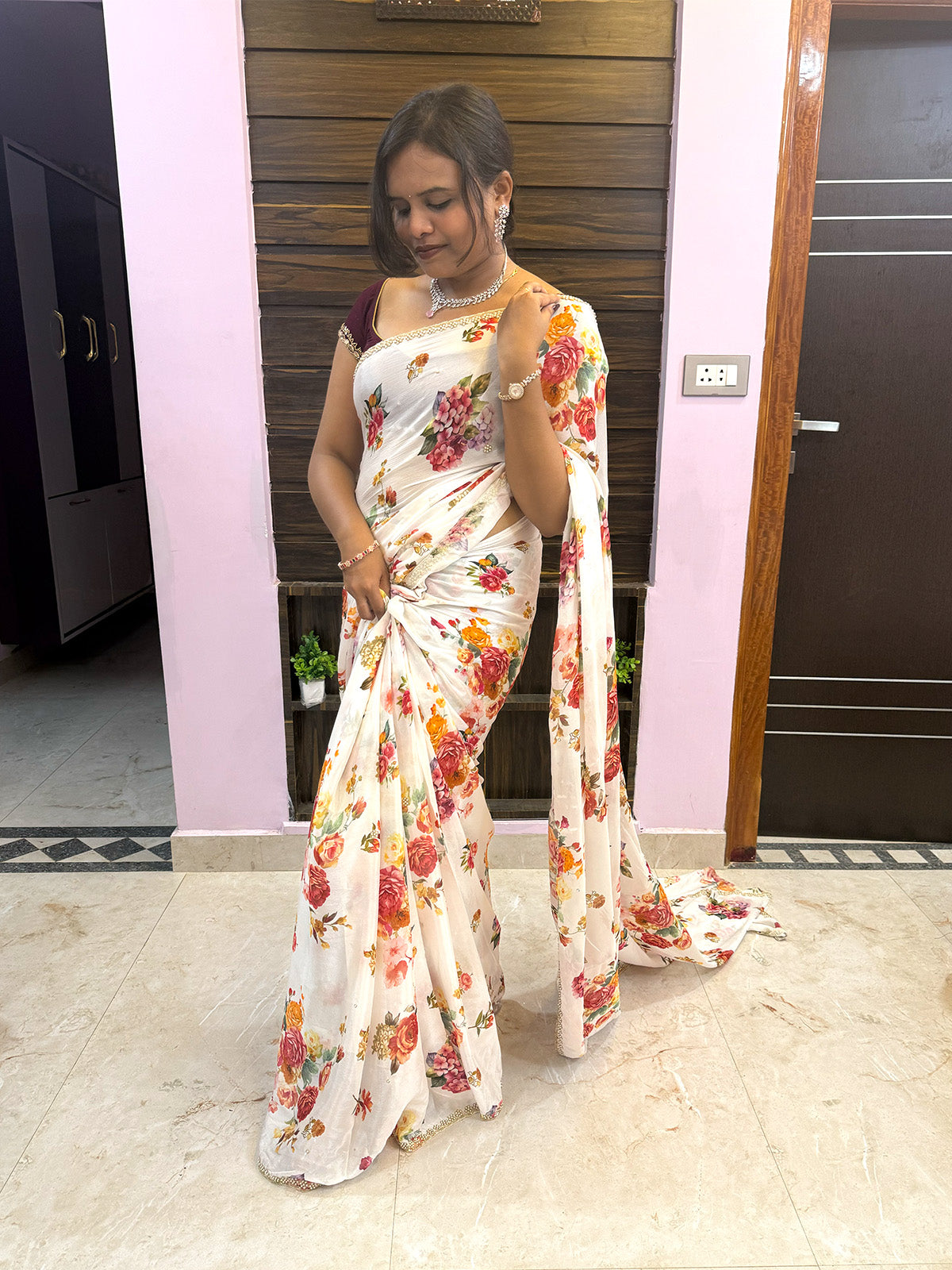 pure georgette white saree