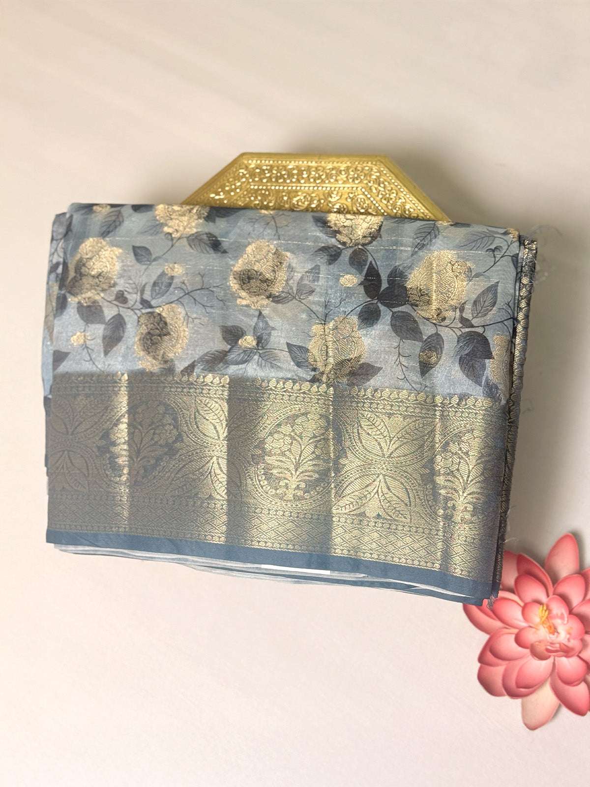 Russian silk saree with digital prints and Zari Buta