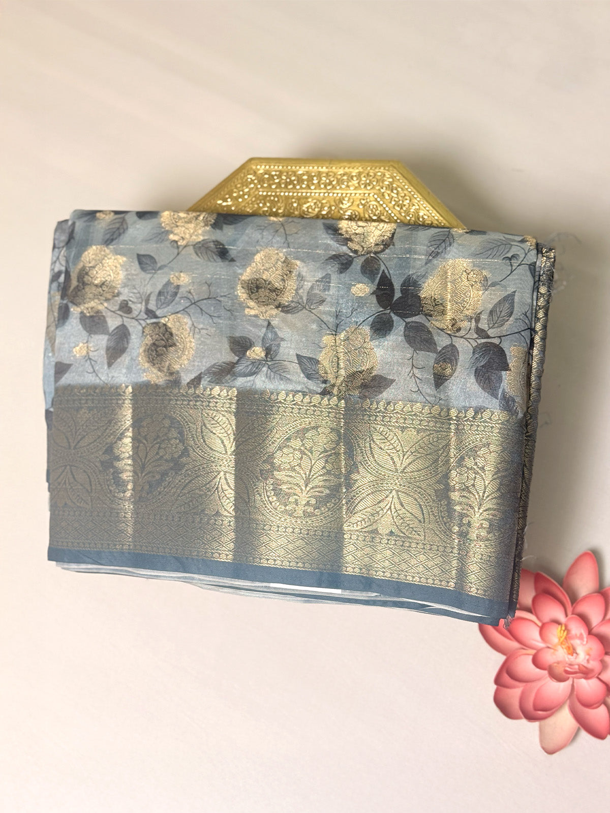 Russian silk saree with digital prints and Zari Buta