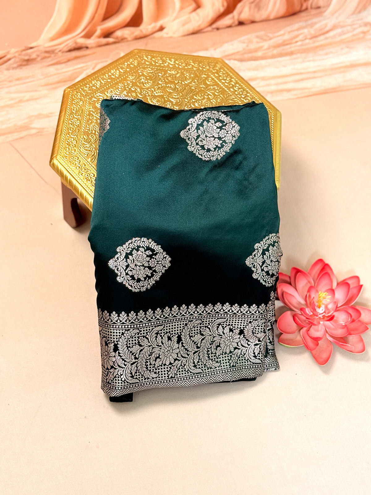 Pure Banarasi Satin Mashroo Saree with Silver Zari Butis