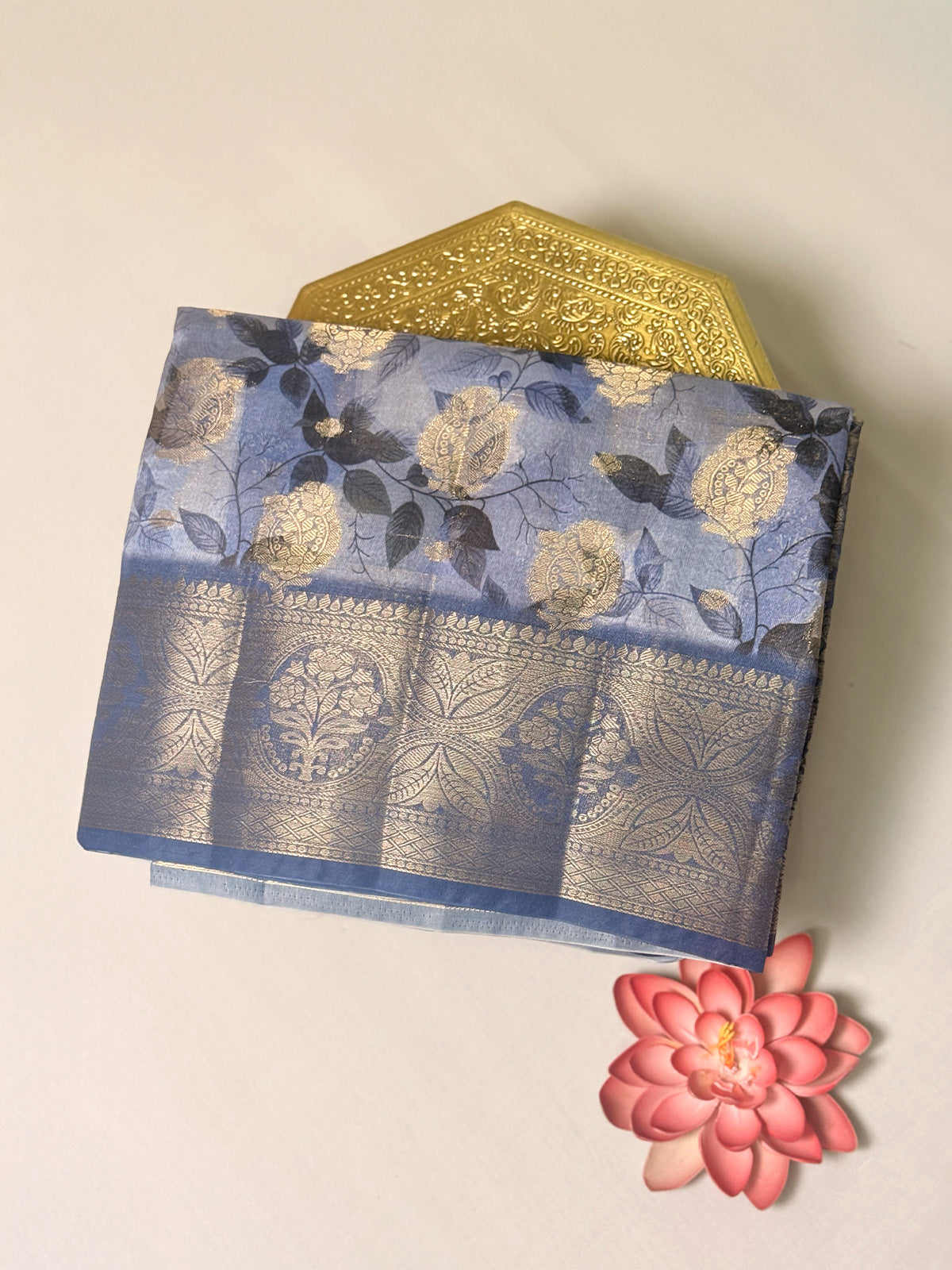 Russian silk saree with digital prints and Zari Buta