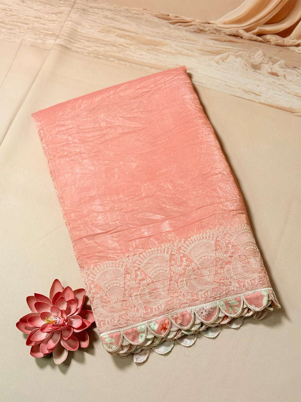 Tissue crush saree with scalloped border
