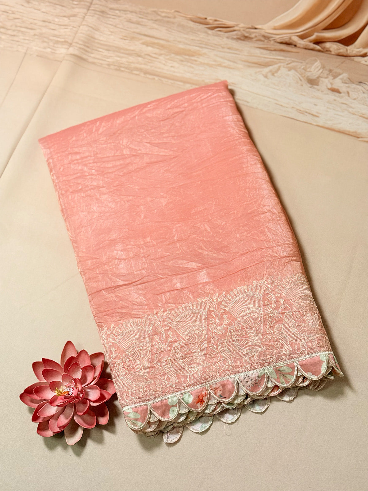 Tissue crush saree with scalloped border