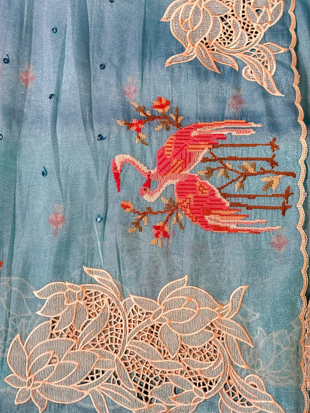 Glass Tissue With Cutwork and Petitpoint Embriodery Saree