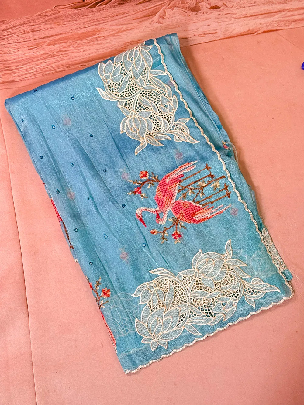 Glass Tissue With Cutwork and Petitpoint Embriodery Saree