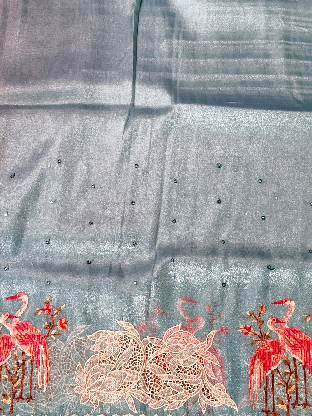 Glass Tissue With Cutwork and Petitpoint Embriodery Saree