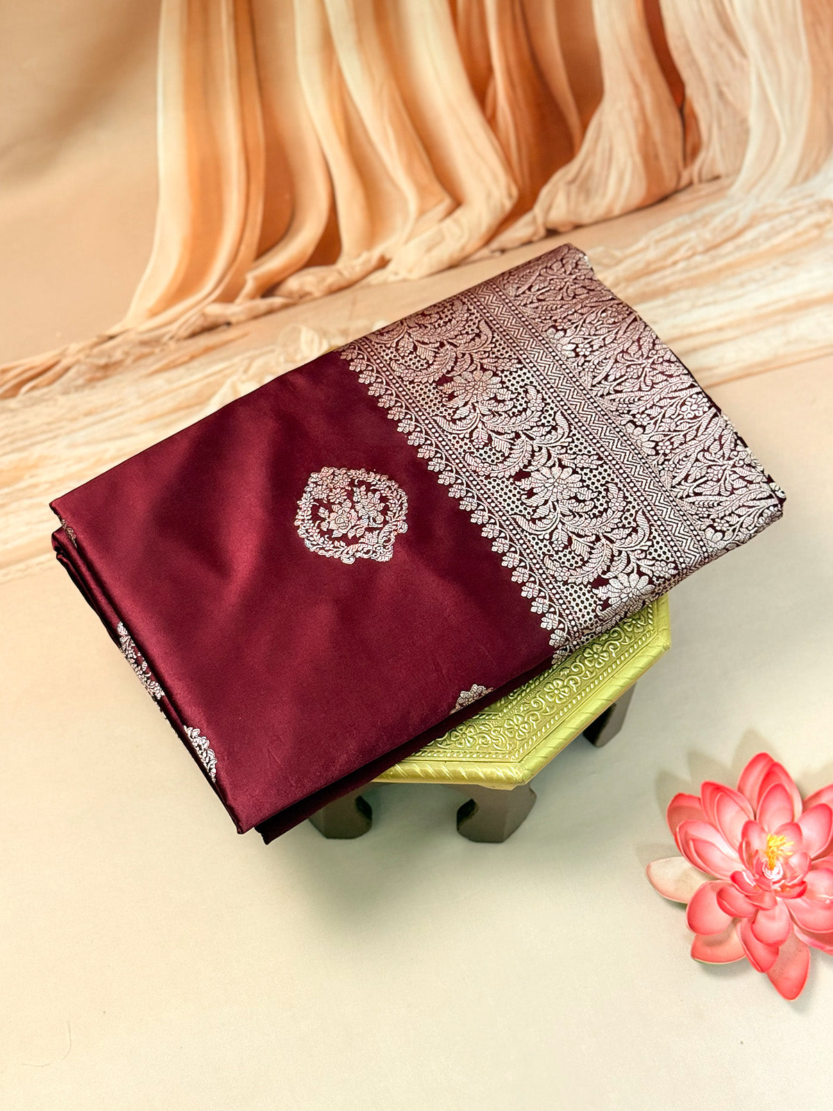 Pure Banarasi Satin Mashroo Saree with Silver Zari Butis